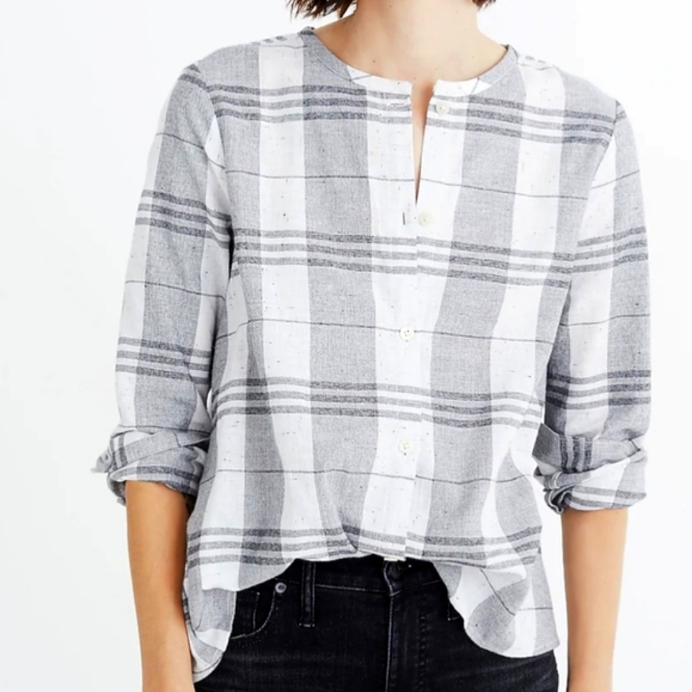 Madewell Black White Plaid Collarless Cotton Button-Down Shirt Size XS
